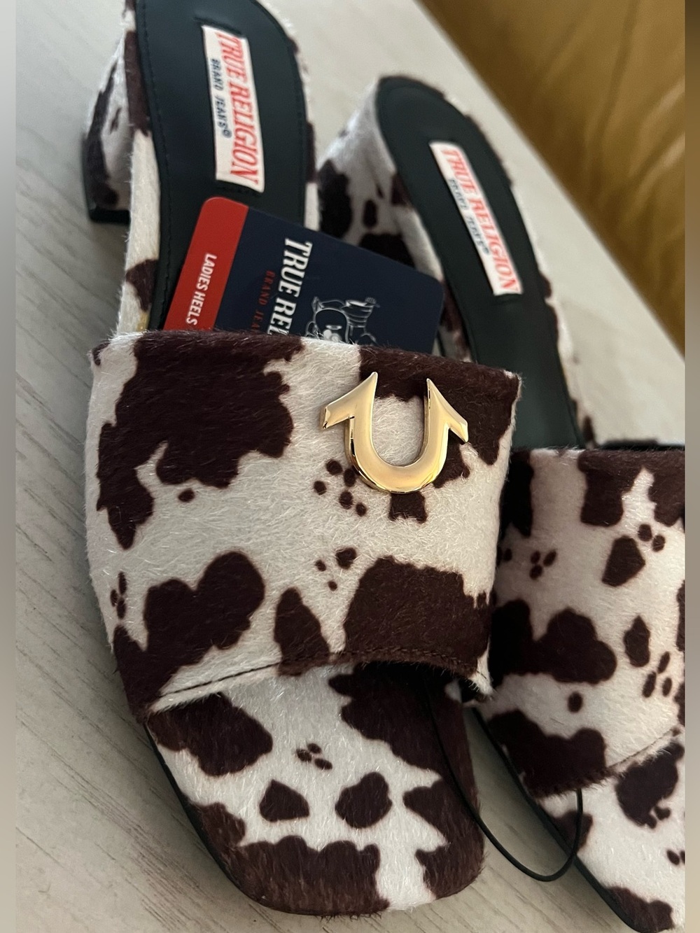 True Religion Brown & White Faux Cowhide Slide Sandals